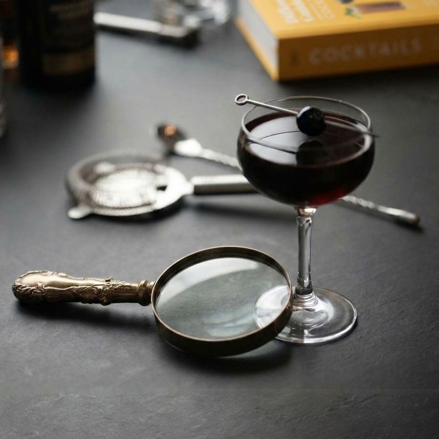 A dark cocktail in a coupe, garnished with a cherry, beside a magnifying glass and a cocktail strainer