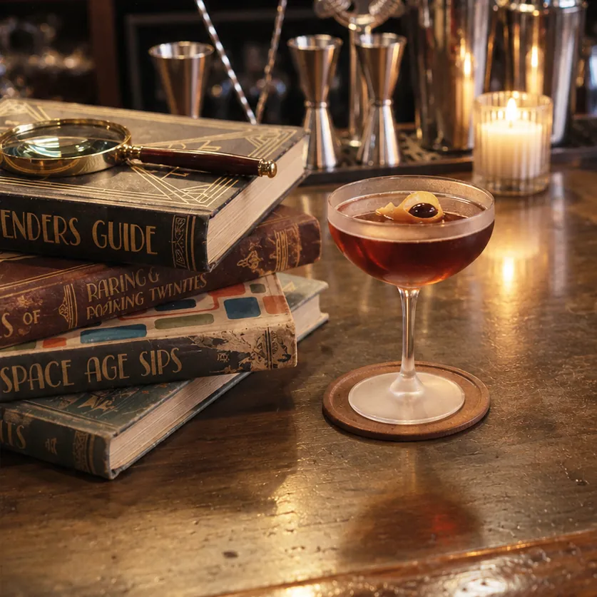 A cocktail in a coupe beside a stack of cocktail books and a magnifying glass