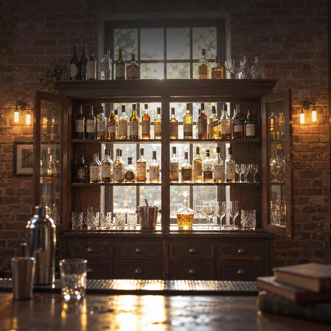 A glass-fronted cabinet of spirit bottles and glassware, backlit by a window in a brick wall