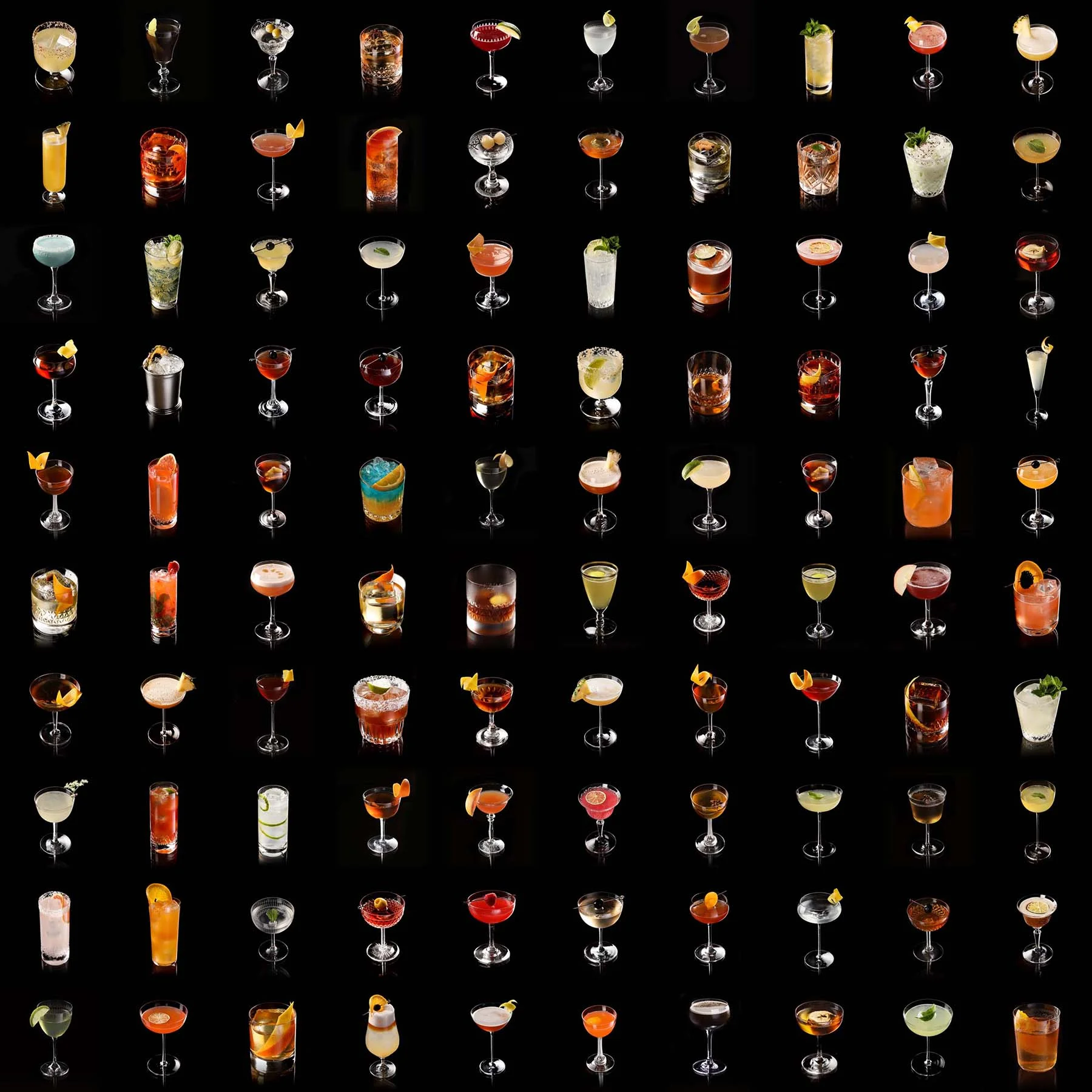 A grid of a hundred cocktails photographed on black