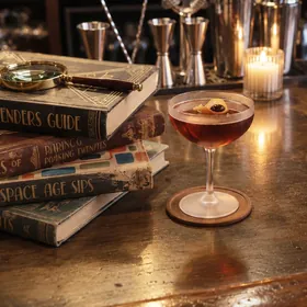 A cocktail in a coupe beside a stack of cocktail books and a magnifying glass