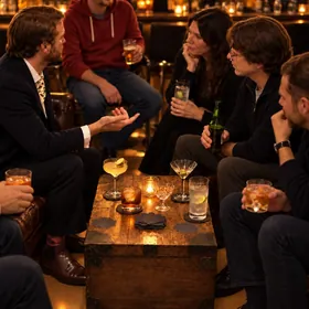 Friends talking over drinks around a low table in a candlelit bar